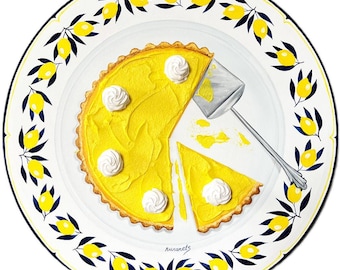 Lemon tart painting on vintage plate realistic and textured painting round canvas