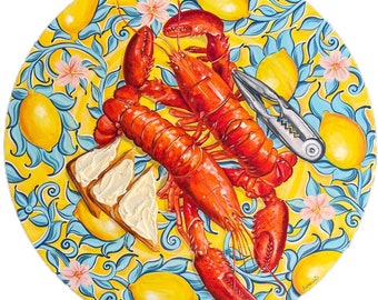 Lobster original oil round painting for home decor