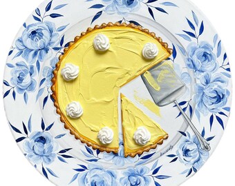 Lemon tart painting on vintage plate realistic and textured painting round canvas