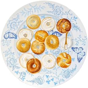 Large bagels  painting on vintage plate textured cream cheese