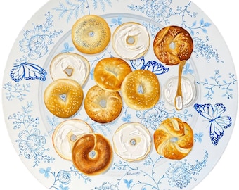 Large bagels  painting on vintage plate textured cream cheese