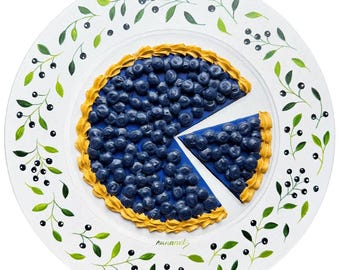 Cuadro realista de tarta de arándanos sobre lienzo redondo, impasto, tamaño M