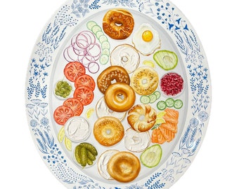 Large bagels  painting on vintage plate textured cream cheese