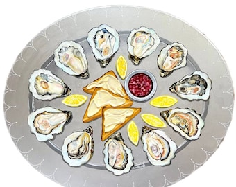 Oyster painting and dark bread with butter on vintage plate original painting elegant gift