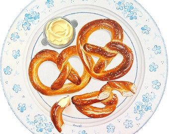 Pretzels  painting on vintage plate textured art