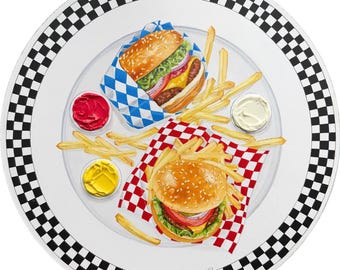 American burger and french fries Oil Painting, Food Art Dinning Room or Restaurant Decor