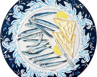 Original Oil Painting: Capelin Fish & Dark Bread Still Life, 20x20&quot;