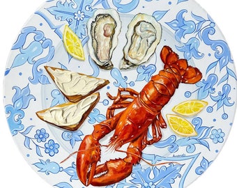 Lobster painting and bread with butter on vintage plate original painting elegant gift