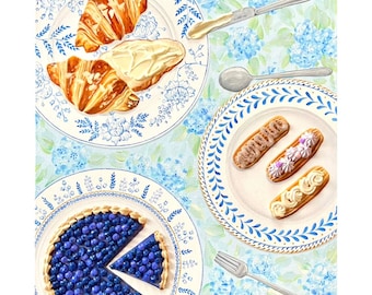 Almond croisants Eclairs and Blueberry tart oil painting with 3D art