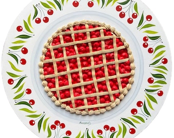 Cherry pie realistic painting round canvas impasto M