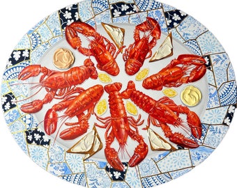 Lobster original oil round painting for home decor