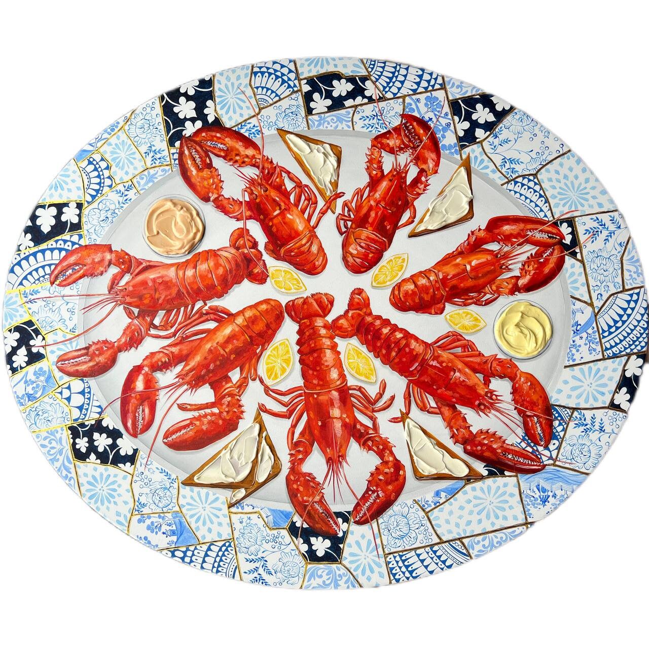 Lobster original oil round painting for home decor