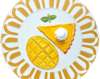 Mango tart painting on vintage plate realistic and textured painting round canvas