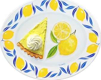 Lemon tart painting on vintage plate realistic and textured painting round canvas