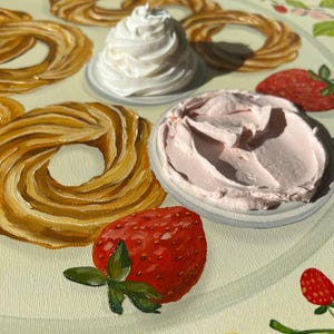 May include: A white plate with a decorative border features a variety of pastries, two bowls of whipped cream, and two strawberries. One bowl of whipped cream is white, and the other is pink.