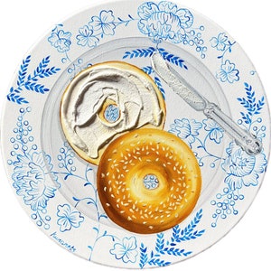 My iconic bagel painting on vintage plate textured cream cheese 100% handmade