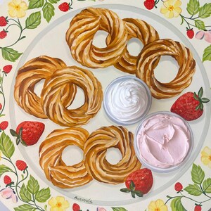 May include: A white plate with a floral border features a variety of pastries, strawberries, and two bowls of whipped cream. The pastries are a light brown color and have a twisted shape. The strawberries are red and have green leaves. The whipped cream is white and fluffy. The plate is decorated with a floral border of green leaves and yellow flowers.