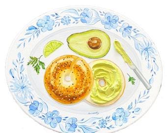 Realistic plates Bagel with guacamole painting S size