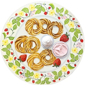 May include: A white ceramic plate with a green vine border featuring yellow flowers and red strawberries. The plate has a variety of pastries, two small bowls of whipped cream, and strawberries.