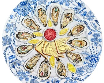 Oyster painting and dark bread with butter on vintage plate original painting elegant gift