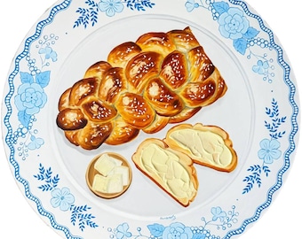 May include: A painting of a plaited loaf of bread with sesame seeds, two slices of bread with butter, and a small bowl of butter cubes on a white plate with a blue floral border.
