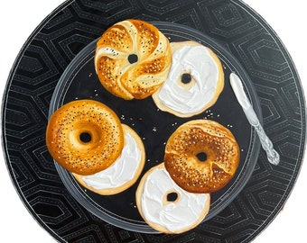 Large bagels  painting on vintage plate textured cream cheese