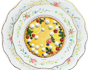 L size Lemon tart painting on vintage plate realistic and textured painting round canvas