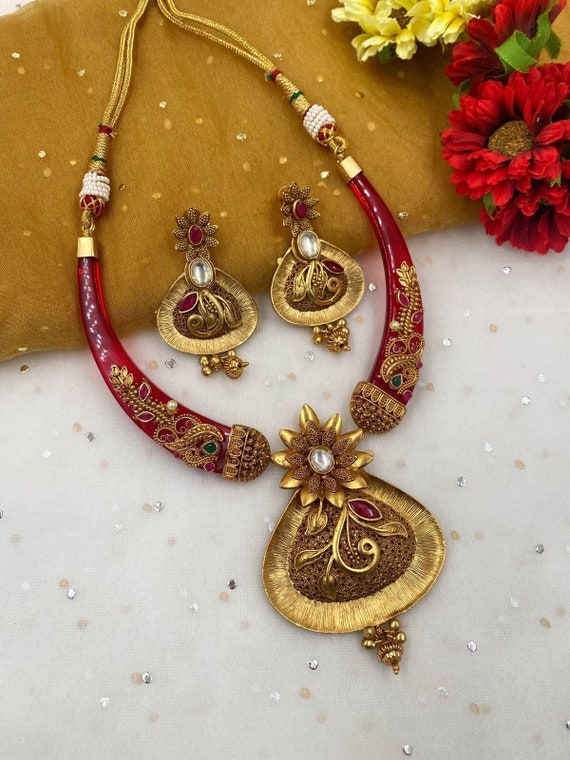 Designer Gold Plated Red Hasli Necklace 
