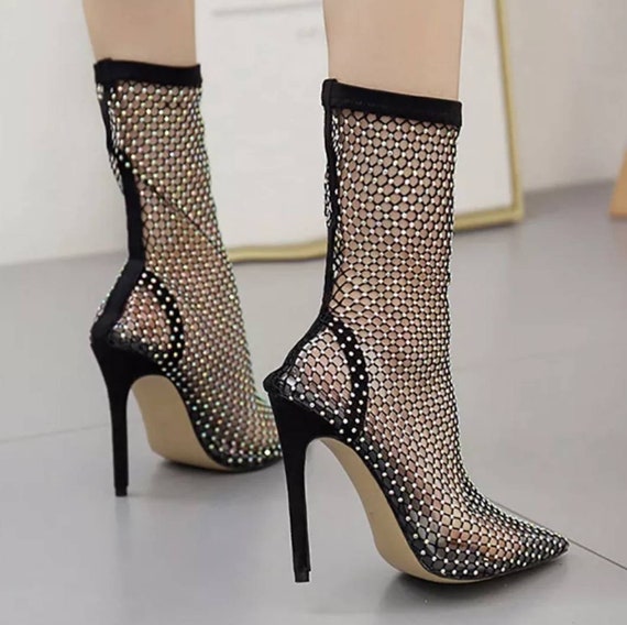 Sparkly Fishnet Ankle Stiletto Boots | Etsy