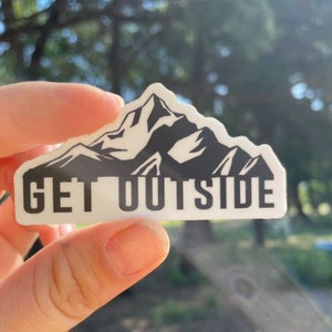 Get Outside Sticker, Mountain Sticker, Outdoor Sticker, Get Outside Decal, Laptop Sticker, Laptop Decal, Waterproof Vinyl Sticker 3”x1.75”