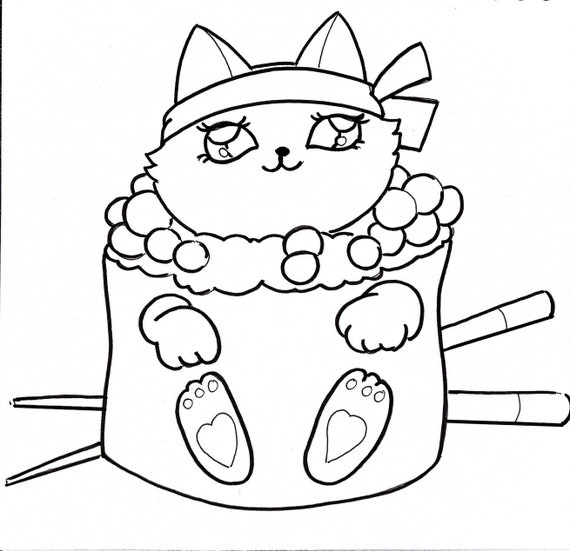 Set 4 Coloring Pages Kawaii Sushi & Cat - Etsy Australia