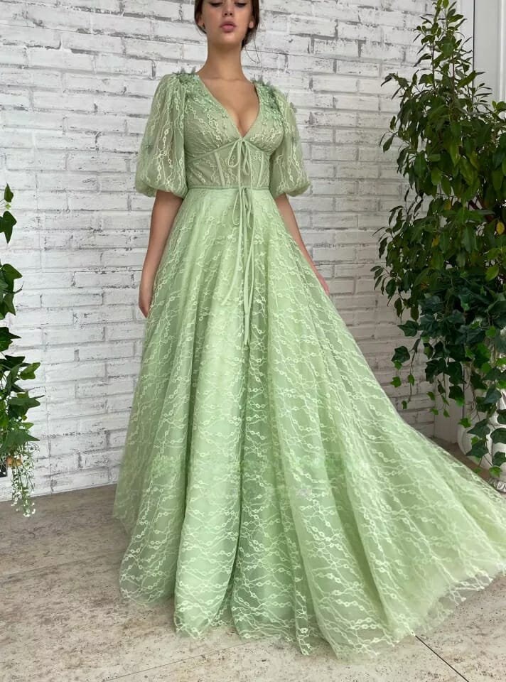 Green Lace Maxi Dress/deep V-neck Dress/wedding Dress/puff - Etsy
