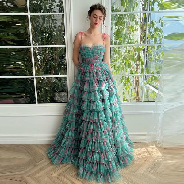 Long Tulle Dress with Convertible Back Design Green Plus Size