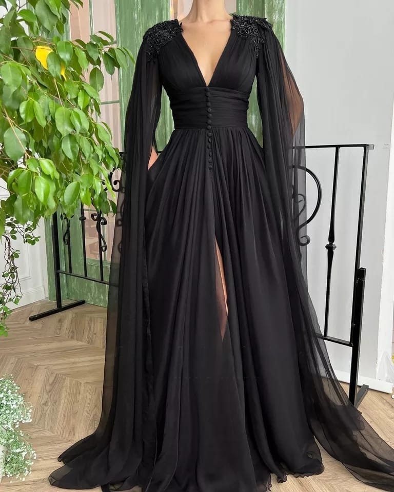 Black Chiffon Dress With Long Sleeves High Slit Evening - Etsy Canada