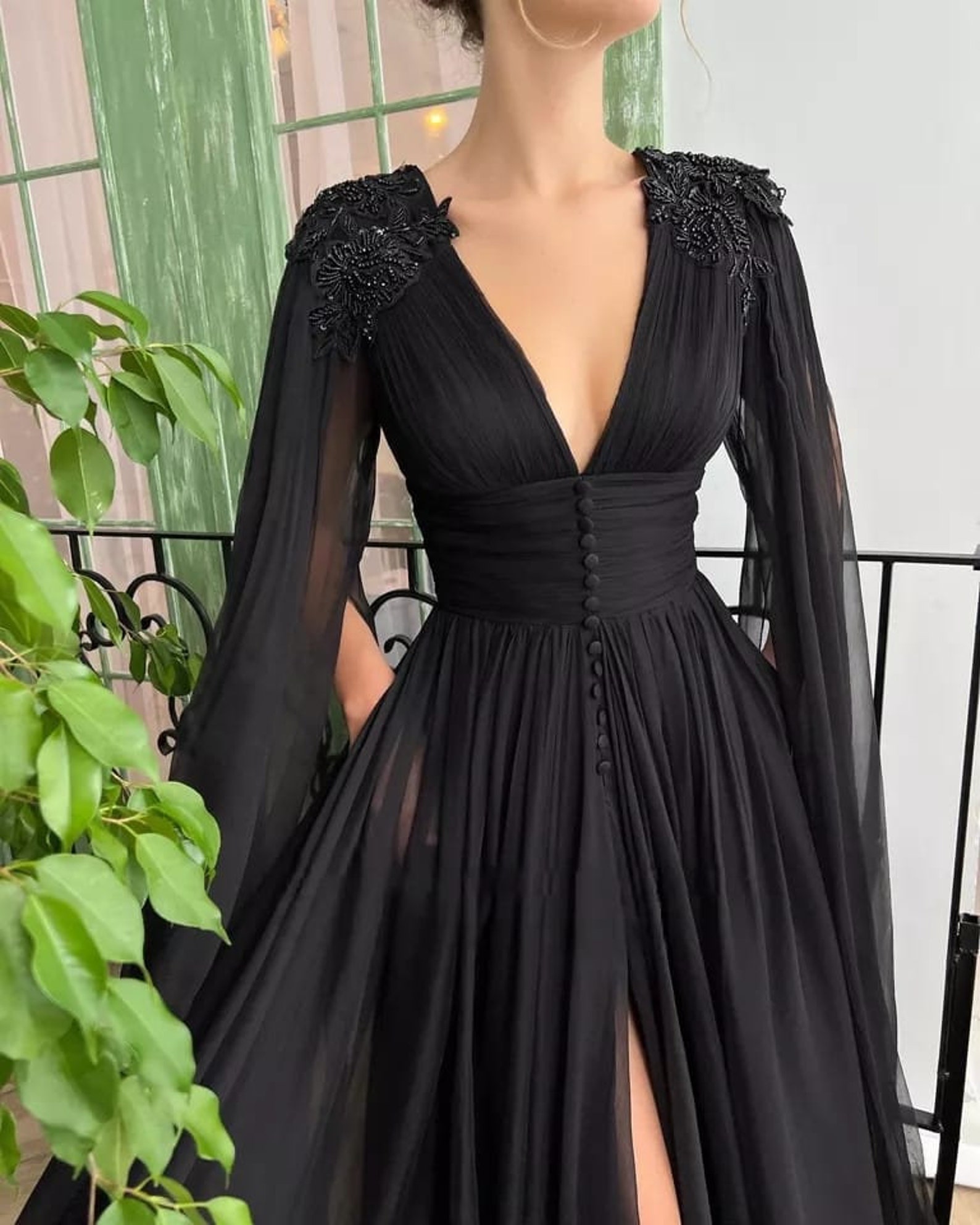 Black Chiffon Dress With Long Sleeves High Slit Evening - Etsy Canada