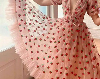 ZIPSAK Women Puff Short Sleeve Dress Strawberry Print Deep V-Neck Lace Up Ruffle Hem Flowy Empire Waist Ladies Long Dress 