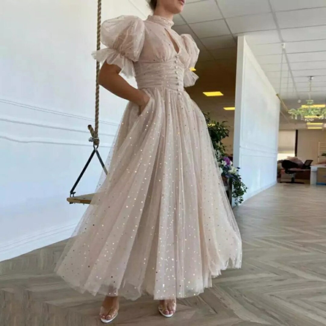 High Neck Starry Tulle Midi Dress/puffed Sleeve Corset Prom - Etsy