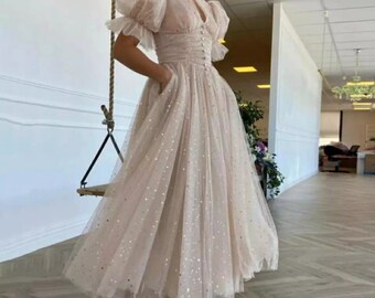 High Neck Starry Tulle Midi Dress 