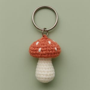 May include: A crochet mushroom keyring. The mushroom cap is a warm orange colour with white spots, and the stem is white. The keyring has a silver metal ring for attaching to keys or a bag.