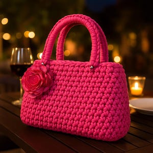 May include: A vibrant pink crocheted handbag with a matching handle and a decorative flower. The bag is sitting on a wooden table, with a glass of red wine and a lit candle in the background. The bag is approximately 10 inches wide.