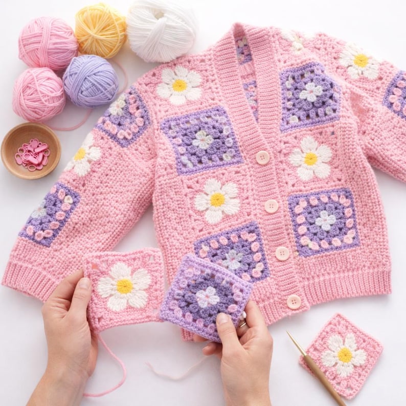May include: A pink crochet cardigan with daisy flower squares. The cardigan features a V-neck, button closure, and long sleeves. Yarn balls in pink, yellow, and white are in the background, along with crochet hooks and stitch markers.