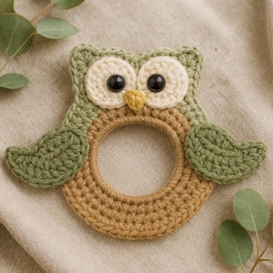 May include: A handmade crochet owl-shaped baby rattle in shades of green, cream, and tan. The owl features large black eyes, a yellow beak, and a circular rattle body. The wings and head are detailed with textured crochet stitches.