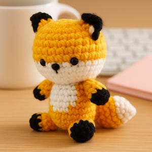 Puede incluir: Una figura de zorro de ganchillo en posición sentada. El zorro es principalmente naranja con detalles blancos en el pecho, la cara y la cola. Se utiliza hilo negro para las orejas, las patas y la nariz. El zorro tiene ojos de seguridad negros.