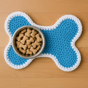 Op de afbeelding: Een blauwe, botvormige voermat voor huisdieren met een witte rand. Een roestvrijstalen kom gevuld met hondenkoekjes staat op de mat. De mat is gemaakt van een gehaakt materiaal en ligt op een houten vloer.