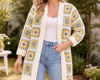 Crochet Granny Square Coatigan Pattern PDF | Beginner Friendly Crochet Coat Cardigan | Cozy Patchwork Wearable, Boho Crochet