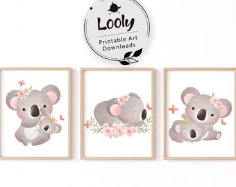 Koala Nursery Prints, Set of 3, Australian Animal Art (Digital Download)