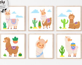 Llama and Cactus Nursery Art Prints, Boho Desert Decor (Set of 6) (Digital Download)