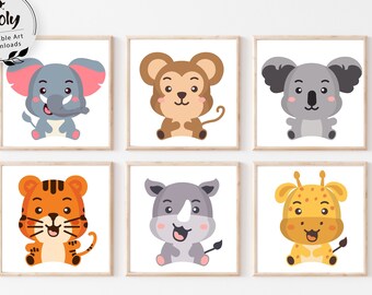 Safari Animal Nursery Prints, Kids Wall Art, Set of 6 (Digital Download)