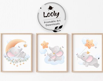Elephant Nursery Print Set of 3, Nursery Animal Prints, Printable Baby Animal Posters, Modern Decor for Kids Bedroom