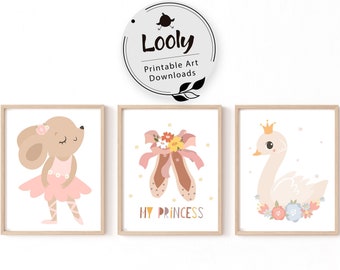 ♥ Set of 3 Ballerina Custom Name, Nursery Wall Art Prints, Goauche
